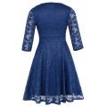 Hanna Nikole Mulheres de três quartos luva V-Neck Navy Lace Plus Size Dress HN0022-3